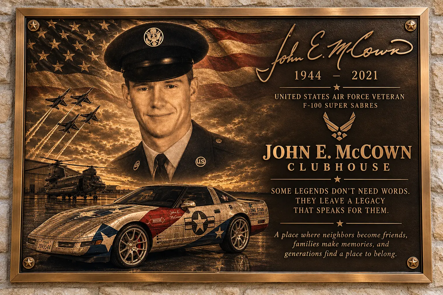 Bronze memorial plaque honoring John E. McCown (1944–2021), United States Air Force veteran, shown with his portrait in uniform, F-100 Super Sabre jets, and his Corvette