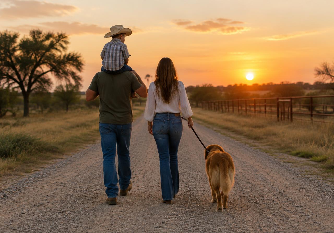 Family walking a country road at sunset